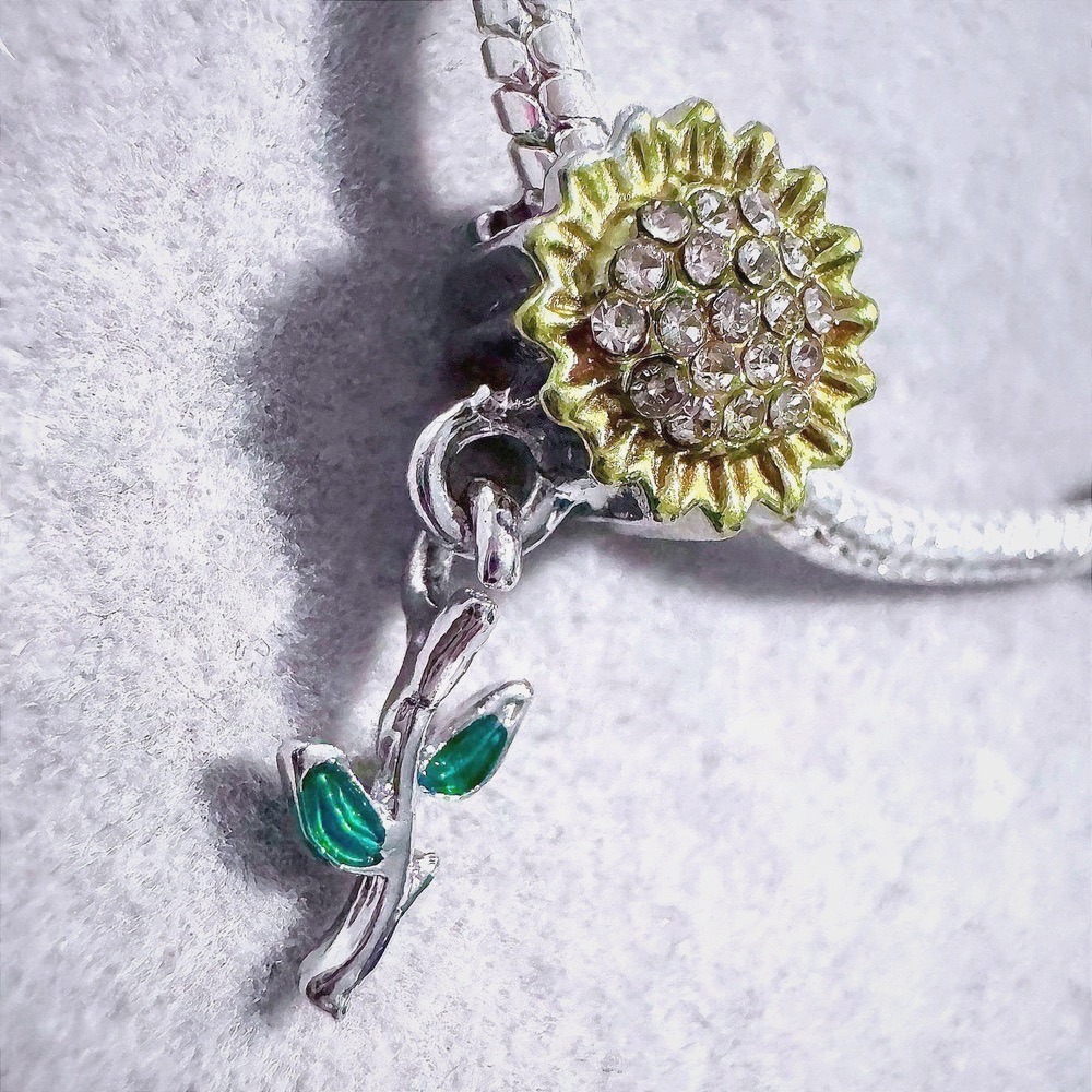 Sunflower Charm Bead with Green Leaf Branch for Pandora Style Bracelets